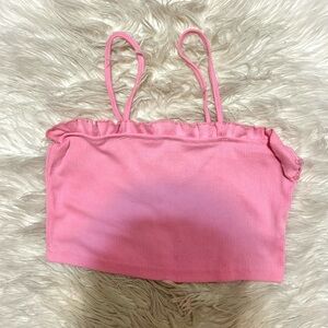 Pink Ribbed Crop Top with Ruffle Trim